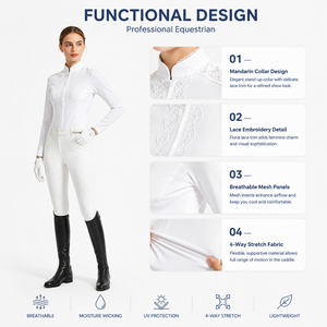 Chemise d'équitation blanche en dentelle pour femme, col mandarin, manches longues florales, anti-humidité, compétition, personnalisable OEM - Product Image 3