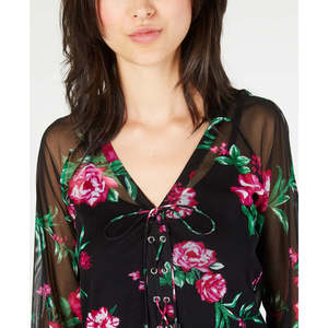 INC International Concepts Top da donna in chiffon con stampa floreale di piccole dimensioni, nero, con dettagli allacciati - Product Image 3