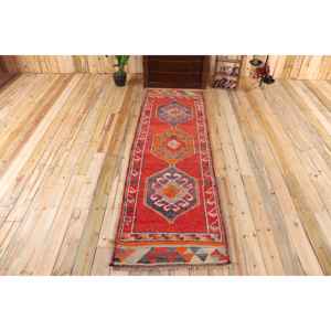 2.8x9.7 ft <b>Runner</b> Turkish Rug, Vintage Rug, <b>Red</b> Gray Paisley Wool Rug - Product Image 1