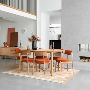 Silla de comedor de madera de teca James con acabado natural y cojín naranja El mejor diseño moderno para comedor, Villa y uso en Parque - Product Image 5