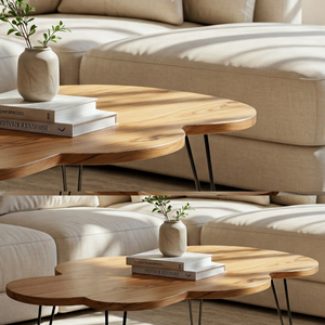 Mesa de centro de madera con forma de trébol moderno con patas de metal de horquilla negra únicas para muebles de sala de estar para el hogar - Product Image 4