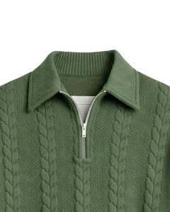 Manufacturer Customized <b>Men</b> Quarter Zip Cable <b>Knit</b> Sweater Dark Green Vertical Pattern High Neck Warm Winter Casual Pullover OEM - Product Image 5