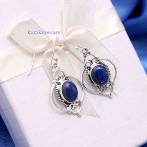 Boucle d'oreille en argent sterling 925 faite à la main avec pierre précieuse naturelle lapis-lazuli, forme ovale, pierre tombante, bijoux de mode pour femmes, cadeau parfait - Product Image 2