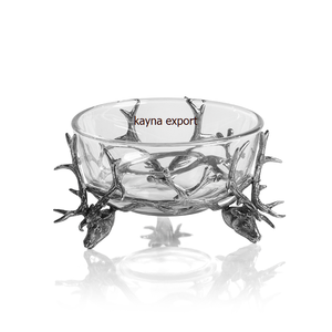 Luxe Antique Fini Noix Fruits Secs Chocolat Bonbons Bol En Verre De Service Avec Designer Fleur Métal Noir Enduit Stand Table - Product Image 2