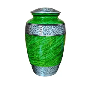 Urna Funeraria de Primera Calidad Disponible en Stock, Urna Funeraria Verde Esmeralda para Cenizas de Adultos, Metal con Filigrana Plateada - Product Image 1