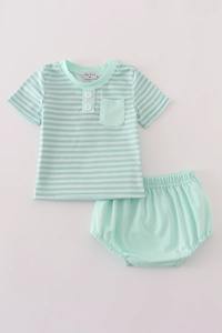 Ensemble de vêtements doux et élégants pour garçons Bloomer à rayures menthe fraîche avec coupe confortable - Product Image 6