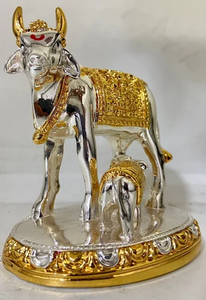 Handmade Resin <b>Gold</b> & Silver Coated Modern Rectangle Cow with Calf <b>Statue</b> Religious Diwali Tabletop Decor - Product Image 5