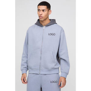 Mens Light Blue and Grey <b>Full</b>-<b>Zip</b> Custom Logo Hooded <b>Sweatshirt</b> and Matching Jogger Trackstar OEM Private Label - Product Image 2