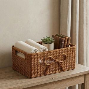 Cesta de Almacenamiento Rectangular de Mimbre Hecha a Mano con Lazo, Organizador de Mimbre Natural para Decoración del Hogar, Vietnam - Product Image 2