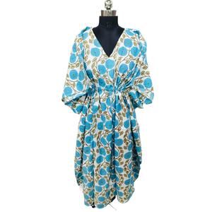 Jaipuri Print Long Floor-Length <b>Kaftan</b> V-neck Puff Sleeve Wrap Tie Loose Fit Casual Elegant Viscose Lady Dress Floral Pattern - Product Image 1