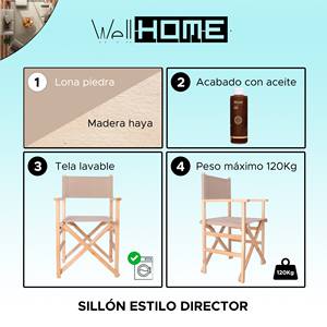 Sedia da Regista WELL HOME in Legno di Faggio con Finitura a Olio e Tela Grigio Pietra 51x46x86 cm - Product Image 2