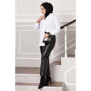Women's Casual Black Leather Pants with Elastic Waistband Breathable <b>PU</b> Fabric XL Size Pencil Style <b>Leggings</b> Wrinkled Technics - Product Image 3