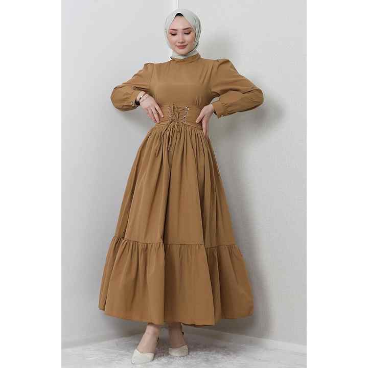 Waist Detail Hijab Dress Sütlükbrown