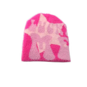 Chapeaux d'hiver en tricot chaud en fourrure dépliable de haute qualité unisexe de qualité supérieure OEM, design jacquard personnalisé, logo, béret en mohair uni - Product Image 3