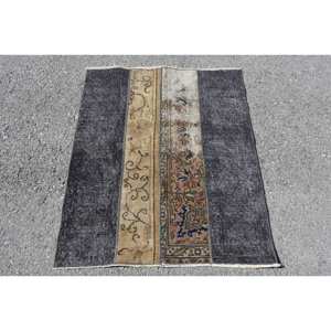 Alfombra Vintage de lana negra y beige de 3x3,5 pies, hecha a mano, área grande turca, retazos rectangulares abstractos para pasillo, Alfombra de látex para habitación nueva - Product Image 1