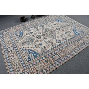 Alfombra turca Vintage azul Beige tradicional 6,5X8,9 pies Patrón de retazos de lana Alfombra de sala de estar Respaldo de látex Nuevo producto - Product Image 2