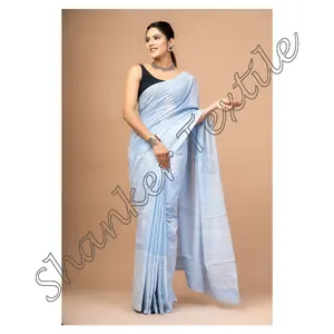 Sari tradicional indio Algodón puro Mulmul bloque impreso Hippie Sari mujeres indias usan 2024 moda Mulmul Sari con blusa