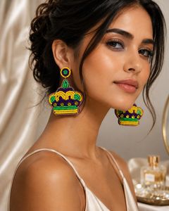 Pendientes Colgantes de Corona con Cuentas de Aleación de Zinc Hechos a Mano, con Patrón de Gancho en Morado, Amarillo y Verde, Joyería de Moda para Mujer - Product Image 3