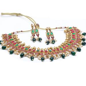 Antique Brass Indian Traditional South Wedding Jewelry <b>Set</b> Fashionable Matte Necklaces Link Chain Orthodox Chapado Flower - Product Image 2