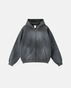 Sweat à capuche zippé en molleton français délavé bleu, motif graphique vintage, délavé au soleil, style décontracté, 100% coton, streetwear - Product Image 6