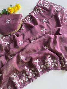 NOUVEAU Saree en georgette scintillante avec un beau design de feuille de fil blanc - Product Image 6