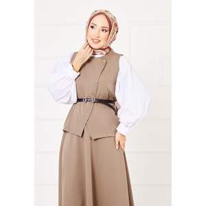 Hijab double à jupe croisée boutonnée beige Ensemble décontracté 2 pièces Col imprimé à capuche d'été - Product Image 1