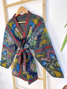 Grey Suzani Kimono Robe, Embroidered Boho Kimono <b>Jacket</b>, Handmade Cotton Wrap Robe, Tribal Festival Kimono - Product Image 2
