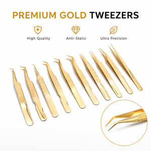 แหนบต่อขนตาปลายเฉียง 45 องศา สแตนเลสสตีล ชุบทอง พร้อมด้ามจับเพชร ป้องกันแม่เหล็ก สำหรับต่อขนตาแบบวอลลุ่ม  รับทำโลโก้ตามสั่ง - Product Image 2