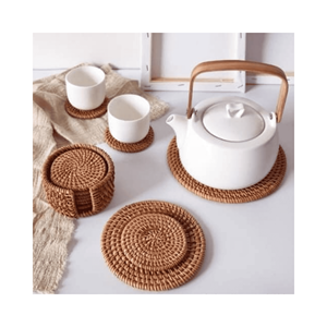 Sous-verre moderne en rotin tressé, matériau : fibres de rotin lisses ; utilisation : base de boisson pour salon ; origine : fabrication vietnamienne - Product Image 3