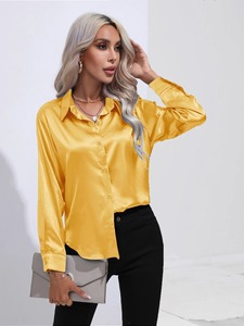 Camisa de satén de primavera y verano para mujer, camisa de oficina de manga larga con cuello de pico, blusas para mujer, camisas holgadas de seda blanca y negra para mujer - Product Image 5