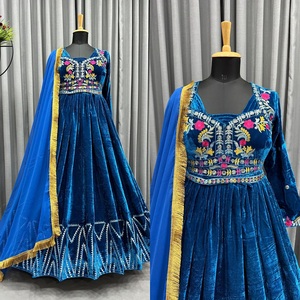 Readymade indien longue robe & Dupatta ensemble, bleu pleine couture velours avec fil travail tenue de soirée, tenue de mariage pour les femmes - Product Image 6