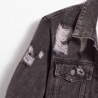 Veste en jean noir brodée effet vieilli pour homme, col à revers, design à poches, respirante, lavable, écologique, polyester/coton