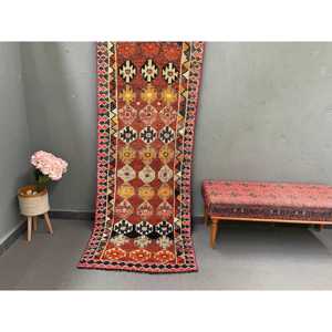 Vintage <b>Red</b> Ikat Wool Turkish Rug Eco-Friendly Patchwork Design Latex Backing 2.9x7.8 ft <b>Runner</b> Rug - Product Image 1