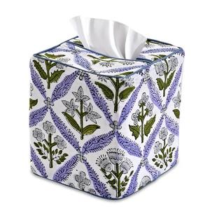 Caja de pañuelos con estampado de bloque de algodón Floral azul de acero claro, funda para pañuelos faciales, soporte decorativo para pañuelos de escritorio para el hogar - Product Image 1