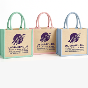 Bolsa de compras de yute biodegradable respetuosa con el medio ambiente, patrón geométrico, logotipo de colores personalizable para embalaje minorista de comestibles - Product Image 1