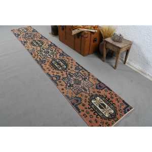 Turkish Vintage Patchwork Rug 2x12.2 ft (61x372 Cm) <b>Brown</b> Bordered <b>Wool</b> with Latex Backing Eco-Friendly - Product Image 2