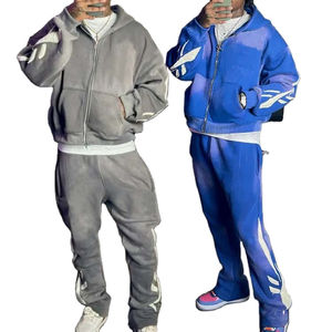 Survêtements personnalisés avec lavage à l'acide Zip Up 420 GSM Logo de broderie de détresse Sweatsuit à capuche et ensembles de pantalons de survêtement pour hommes - Product Image 4
