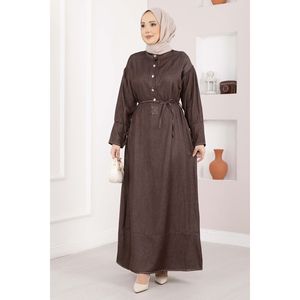 Robe marron en denim Tencel à demi-boutonnage et ceinture, coupe droite, style streetwear modeste et sexy, idéale pour les soirées d'été, coupe ajustée - Product Image 3