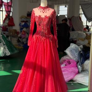 فستان سهرة فاخر أحمر من جانسمبر XS256 مزين بالخرز بأكمام طويلة، فستان حفلات براق بتصميم A-Line، فستان رسمي للاحتفالات - Product Image 1