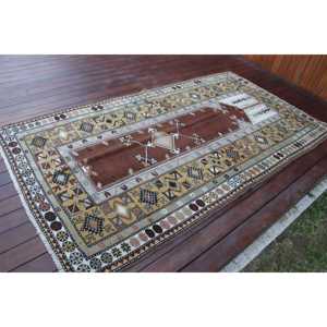 Vintage 4.1x7.5 ft Rug, Area Turkish Rug, <b>Brown</b> White Floral <b>Wool</b> Rug - Product Image 2