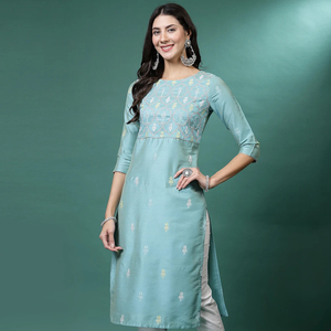 Kurtis Rama de Diseño Tradicional Indio, Tela de Algodón Puro, Estilo Anarkali, Cuello en V Largo, Mangas Tres Cuartos, Kurta Bordada con Pantalón - Product Image 1