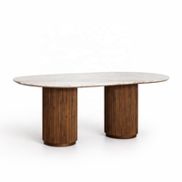 Table à manger en bois de manguier SORA avec plateau en marbre |   Meubles de salle à manger de style Japandi de luxe avec base côtelée, 8 places, garantie 10 ans