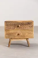 Chevet en bois de mangue sculpté à la main, vintage, avec 2 tiroirs, pour villa et chambre d'hôtel