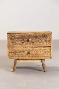 Chevet en bois de mangue sculpté à la main, vintage, avec 2 tiroirs, pour villa et chambre d'hôtel - Product Image 2