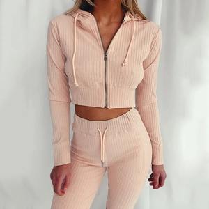 2025 Stylish Breathable 2 Piece Set Wholesale Cotton Hooded Sweat Suits Custom Logo Zipper Women Tracksuits - Product Image 6