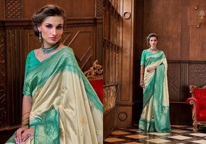 Nuevo Sari Palau de Seda con Bordado Tradicional y Ribete en Contraste para Fiestas y Bodas - Product Image 4