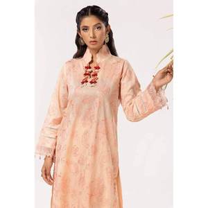 Ensemble 2 pièces orange non cousu pour femme, brodé, en tissu lawn, avec col mandarin, imprimé floral, coupe ample - Product Image 4