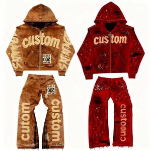 Custom Hooded Tracksuit Set Brown <b>Red</b> <b>Glitter</b> Print Streetwear Full Length Unisex Adults Winter Wear - Product Image 4