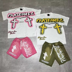 Camisas y pantalones cortos de estilo callejero para hombre personalizados, pantalones cortos de algodón de cintura media y Conjunto de camiseta de sublimación para hombres y mujeres - Product Image 2