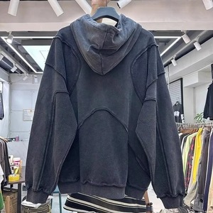 Sweat-shirt à capuche gris surdimensionné, design patchwork, unisexe, en coton molletonné, streetwear, vêtements d'automne - Product Image 3